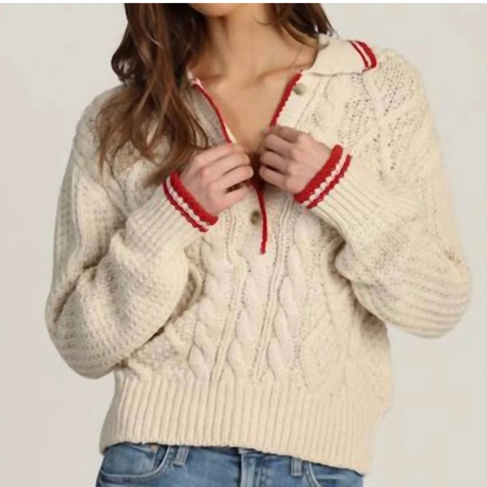 dylan Cream Cable Knit V-Neck Sweater with Red Trim - Medium
